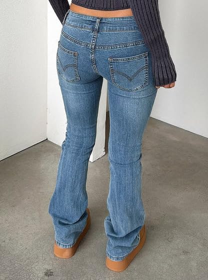 Women's Stretch Low Rise Double Button Elastic Skinny Vintage Flare Jeans4