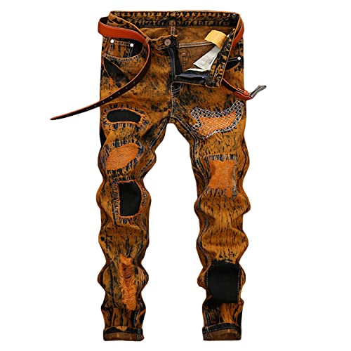 DGHM-JLMY Men's Medium Waist Casual Patchwork Jeans Ripped Patch Stretch Denim Pants Moto Biker Washed Jean Trousers