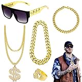Kit de Hip Hop Chaîne Plaqué Or avec Pendentif Signe Dollar, Collier dollar, Lunettes, Bague Anneau Ensemble Costume de Rappeur des Années Collier pour Unisexe Party Carnaval Années Concerts de Rap