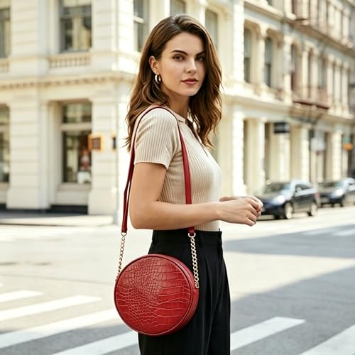 Image of Round Crossbody Bag for Women,PU Leather Shoulder Bag with Metal Chain Strap, Cellphone Purses with Zipper