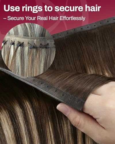 Image of Moresoo Butterfly Weft Hair Extensions Human Hair, Invisible Genius Weft, Medium Brown Mixed with Caramel Brown 16 Inch 80g, OVO PU Hole, Straight Soft Remy Hair, Simple Installation