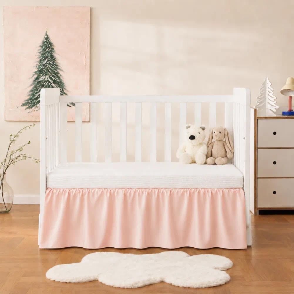 Crib Skirt with Platform, Ruffled Wave Design Baby Bed Skirt - Blush