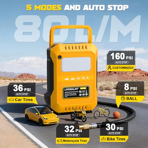 Image of LIVOWALNY 5X Faster Tire Inflator Air Compressor, 160PSI Cordless Air Pump Compatible with Dewalt 20V Battery with Digital Pressure Gauge, Deflator & Auto Shut-Off for Car, Motorcycle (Tool Only)