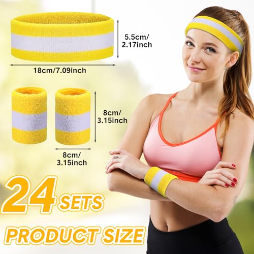 Image of 72 Pcs Bulk Striped Sweatband Set Include 24 Pcs Sweat Absorbing Striped Headbands and 48 Pcs Sweatbands Wristbands Cotton Athletic Sweat Bands for Men Women Gym Sports Workout