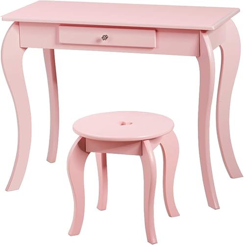 Miniatura 9 de GLACER Juego de mesa y silla para niños, tocador de maquillaje con espejo y cajón, juego de tocador de princesa de madera 2 en 1 con parte superior