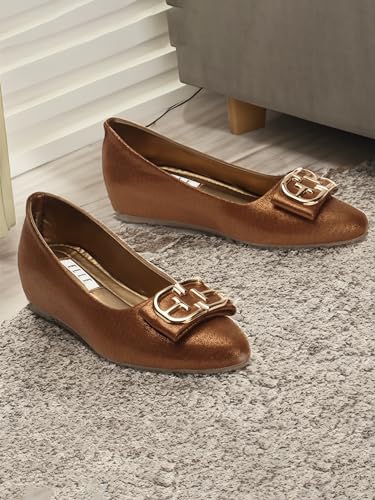 Image of ELLE Women's Wedge Heel Slip-On Bellies with Statement Buckle