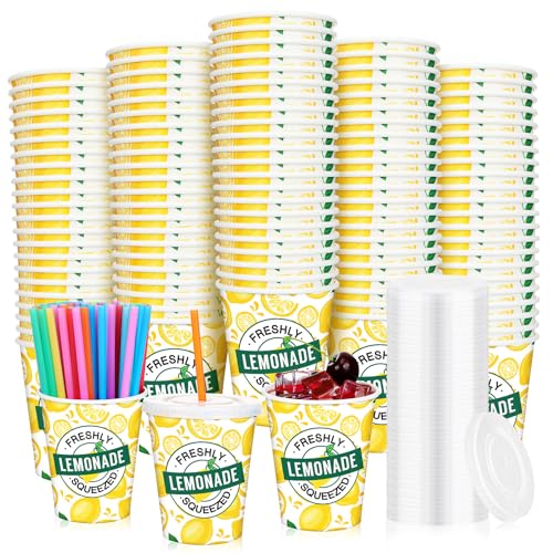 Meanplan 300 Pieces/100 Sets Lemonade Cups with Lids and Straws Disposable Cups for Party Decorative Lemon Paper Cup Lemonade Stand Supplies for Water Juice Kitchen Coffee Birthday Decorations (9 oz)