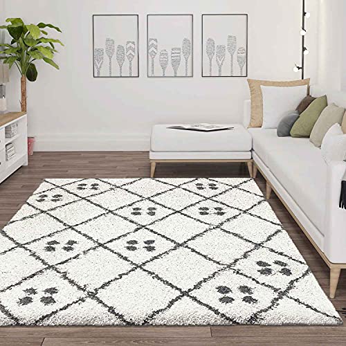 VIMODA Hochflor Shaggy Teppich Rauten Muster mit Punkte Skandinavisch Creme Anthrazit, Maße:200x280 cm
