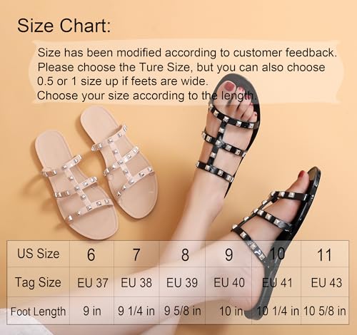 Image of Women Flats Sandals, Studded Jelly Shoes Size 9 Red Dressy Summer Beach Rivets Strappy Jellies Slide Slip On Open Toes