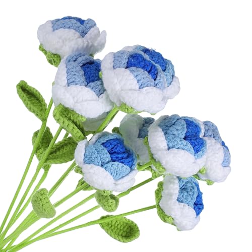 QUARKZMAN Gehäkelte Blumen Handgefertigte Strickrosen Künstliche Gewebte Kleine Topfpflanzen mit Stielen für Valentinstagsgeschenke Zuhause Party Büro, Verlauf Dunkelblau Menge 10