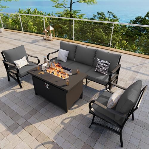Image of 4-Piece Outdoor Furniture Set, Patio Conversation Set Include 3-Seater Sofa Couch Single Chairs with Fire Pit Table for Deck, Porch, Garden, Backyard, Poolside (Gray Cushions)