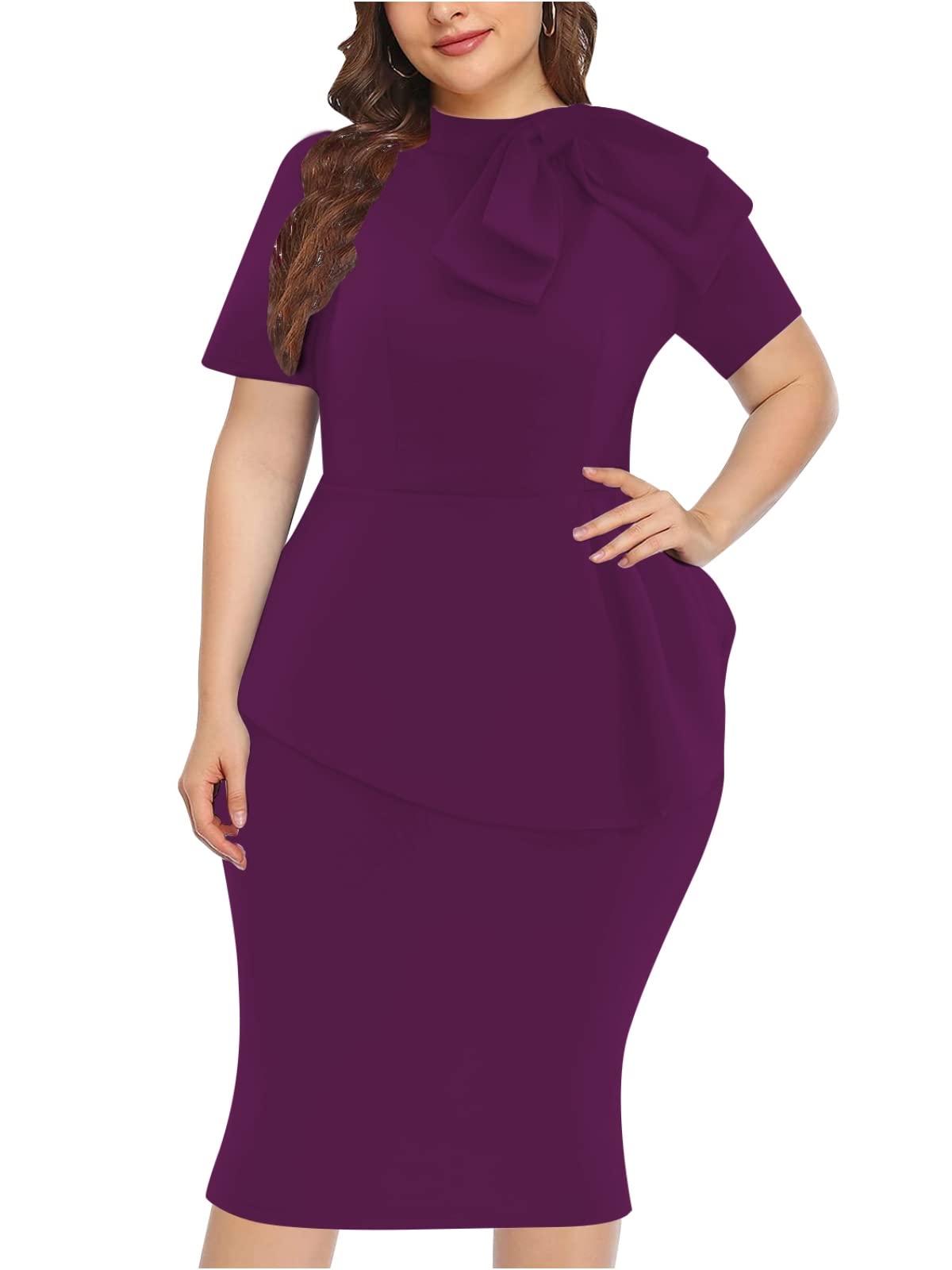 WanMem Plus Size Dress for Curvy Women Semi Formal Cocktail Party Midi Dress Bodycon Short Sleeve Bow Ruffle Pencil Dresses