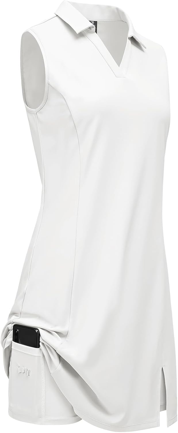BGOWATU Women's Tennis Dress Sleeveless Collared V Neck Golf Polo Dress Side Slit Sports Dress with Shorts and Pocket - Image 3
