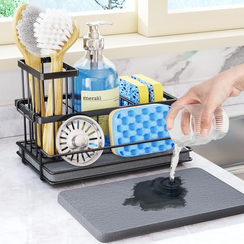 HapiRm Kitchen Sink Caddy Black - Self Draining Sponge Holder with Brush Holder and Instant Drying Stone, Rustproof 304 Stainless Steel Kitchen Sink Organiser for Countertop Storage & Organisation