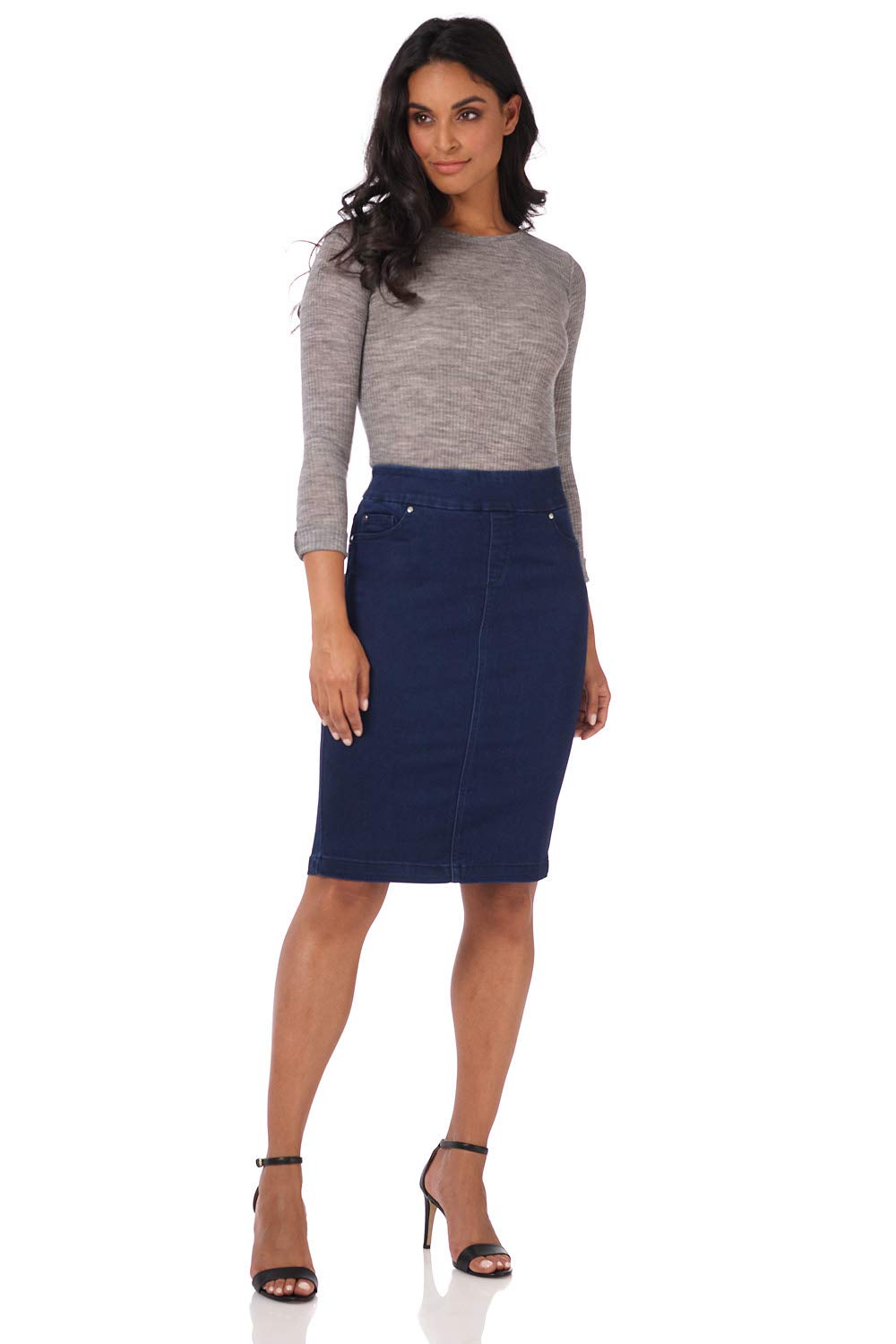 Rekucci Womens Ease into Comfort Pull-On Stretch Denim Skirt Soft Jean Fabric Flattering Slim Fit All-Day Comfort