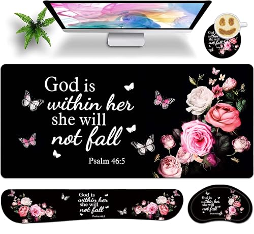 JYCUHTCL Large Gaming Mouse Pad Set 35.4 x 15.7 with Keyboard Wrist Rest, Wrist Support, and Coaster Memory Foam Smooth Desk Pad Mousepad for Home Office School - Floral Bible