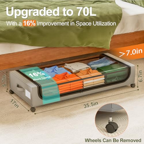 Image of GoMaihe Under Bed Storage with Wheels: 70L Underbed Storage Containers with Lids - Rolling Bins for Shoes Clothes in Dorm Bedroom - Metal Drawers Easy Pull-out Grey 2-Pack