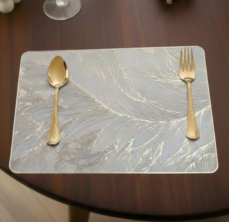 Image of Dakshya Industries Luxury Leaf Design Table Mats Set of 7 | PVC Waterproof Dining Placemats with Center Runner