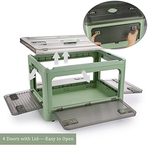 Btsky 2 Pack Clear Plastic 4 Doors Collapsible Storage Bins With Lid & Wheels 20 L Foldable Lidded Storage Box Multifunctional Stackable Folding Organizer Cube For Camping Clothes Toys Snacks Storage Box Container (Green) #TOP4