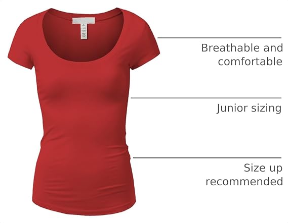 Active Basic Womens Plain Basic Deep Scoop Neck with Cap Short Sleeves - Red - Small