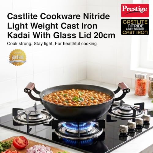 Image of Prestige Nitride Lightweight Cast Iron Kadai 20cm /1.4L with Glass Lid | Castlite Series | High Heat Retention & Rust-Proof | Enamel Coated | Gas & Induction Compatible | 15Y Product Warranty