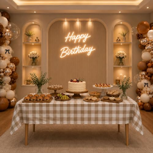 Image of Blue Orchards Brown Gingham Table Cover (Pack of 3 with 20 Glue dots) - 54 inchx108 inch XL - Brown and White Buffalo Checkered Picnic Plastic Tablecloth, Camping Decoration, Outdoor Birthday Party Supplies