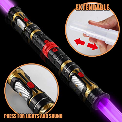 2-in-1 light up swords dual saber3 color changing led fx sound motion sensitive and telescopic handle for galaxy war fighter warriors halloween party kid gift christmas birthday present