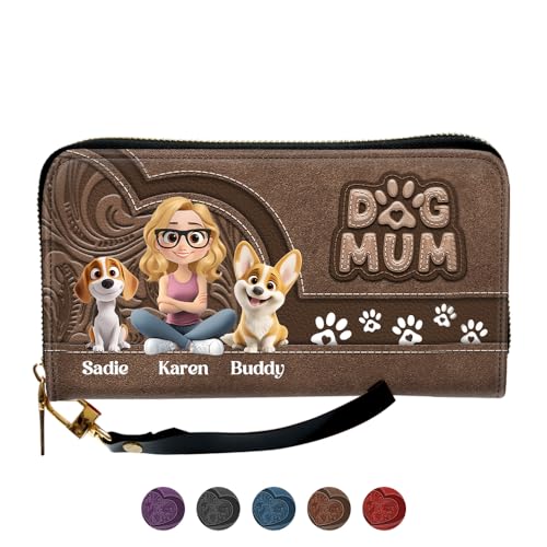 Chibi Cartoon Dog Mom Personalized Leather Wallet – Custom PU Leather Long Wallet with Wrist Strap – Dog Lover Gifts for Women, Mom, Daughter (Dog Mom, 2 Pets)2