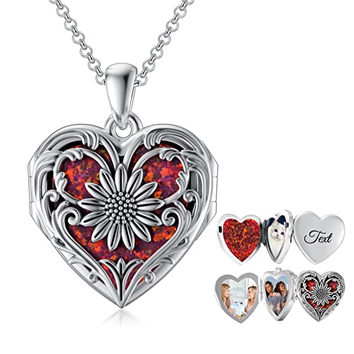 Soulmeet Personalized Sunflower Locket Necklace That Holds 3 Pictures, Sterling Silver Memory Photos Lockets With Red Opal Custom Letters Engraving (Custom Photo & Text) #TOP30