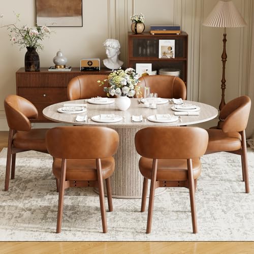 Image of MALOL 47 inch-63 inch Extendable Round to Oval Dining Room Table Chairs Set for 4-8, Modern Wooden Kitchen Table and Chairs with Hidden Storage and Fluted Design for Dining Room /Small Space(White and Brown)