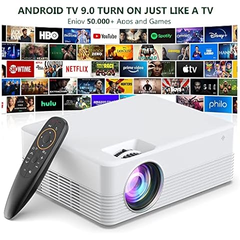 Smart Projector Android 9.0,WiFi Bluetooth Projector Full HD 1080P Supported,6000 Lumens Outdoor Projector, Portable Video Projector Compatible with Smartphone , Home Theater Projector Cover