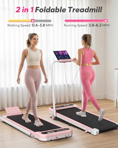 Image of Cardirun Pink Walking Pad Treadmill with Incline and Handle Bar, 3.0HP Quiet Portable Treadmill for Home Small Spaces, Foldable Under Desk Treadmill with Smart App & Remote Control