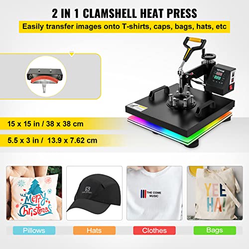 Vevor 2-In-1 Heat Press, 15 X 15 Inch, 360 Degree Swing-Away Digital Precise Control Multifunctional Heat Press Machine For T-Shirt Hat Cap, Black #TOP6