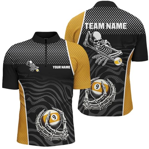 9 Ball Skeleton Custom Billiard Polo & 1/4 Zip Shirts for Men & Women Funny 9 Ball Pool Billiard Jerseys Performance Unisex Quick-Drying Shirt T2945 Red2