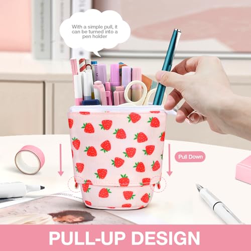 Image of Cute Standing Pencil Case Pen Holder for Kids, Pop Up Stand UP Bubble Tea Pen Organizer Kawaii Stationary for Christmas Holiday New Year Office (Strawberry)