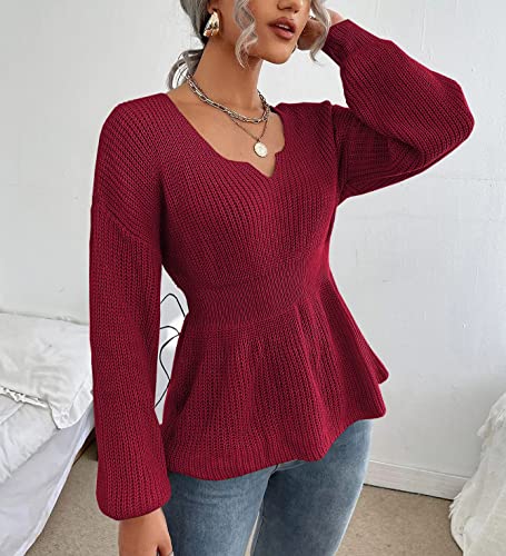 Image of Veatzaer Womens V Neck Sweaters Fall Trendy Casual Long Lantern Sleeve Ribbed Knit Pullover Sweater Tops