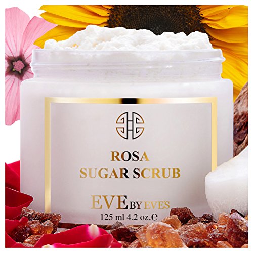 French Rosa Sugar Body & Face Scrub Coconut Oil Vitamins A & E, gamma-PGA, with Natural Firming Anti-aging exfoliating and Moisturizing Ingredients