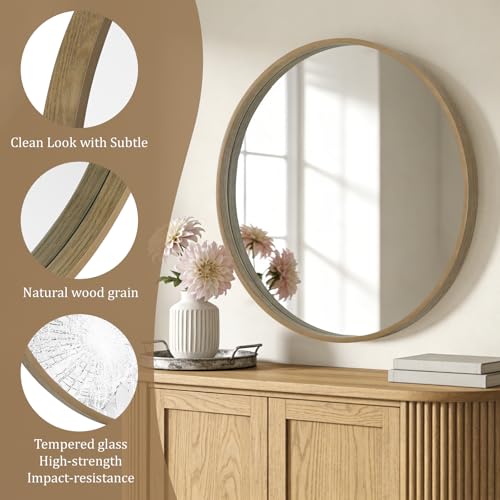 Image of WallBeyond Round Wood Mirror, 36 inch Round Modern Decoration Large Circle Wall Mirror for Bathroom Living Room Bedroom Entryway, Honey