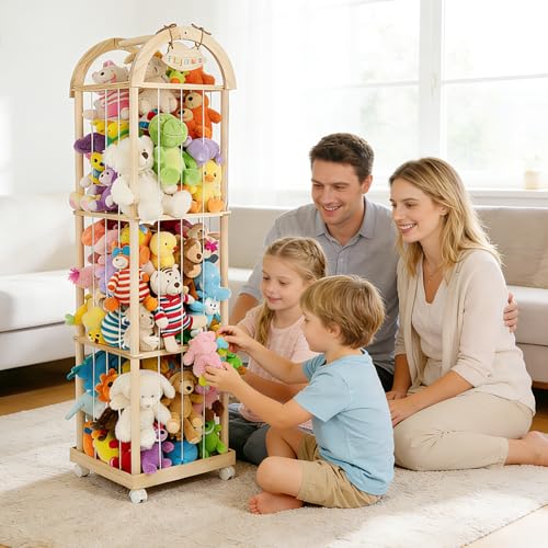 VIHBRAI Holz Kuscheltier Aufbewahrung, Stofftier Aufbewahrung mit 360°Bremse-Ausgestattete Räder, 150 * 40 * 40cm Plüschtier Spielzeug Organizer für Kinderzimmer, Wohnzimmer und Schlafzimmer