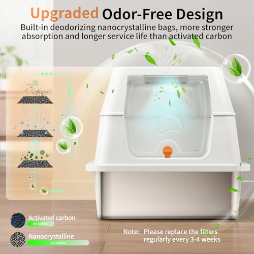 Image of Stainless Steel Cat Litter Box with Lid, 180 Flip-Top XL Extra Large Enclosed Litter Box, Covered Metal High Sided Litter Pan with Steps & Scoop, Easy Cleaning, Odor Control,Non-Sticky-White