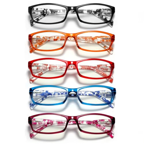 kunchu Reading Glasses for Women Men - 5 Pack Blue Light Blocking Spring Hinge Computer Readers Anti Glare UV Eyeglasses (Clear Floral, 1.75, x)