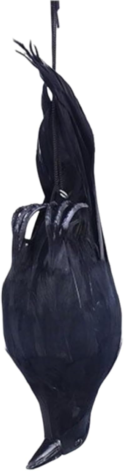 Hugsweet Realistic Hanging Dead Crows Decoy, 12 Inch Artificial Black Crow Decor,Lifesize Handmade Black Feathered Crow, Birds Model Decoration For Scaring Birds Re-pellent Party Haunted House