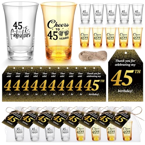 Skybooly 50 Sets Birthday Party Favors for Guests Souvenir Short Glasses Acrylic Clear Shot Glasses Thank You Tags with Organza Bags Twine for Anniversary Wedding Shower(Cheers to 45 Years)