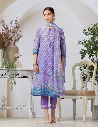 Image of BIBA Women Cotton Straight Kurta Slim Pants Suit Set