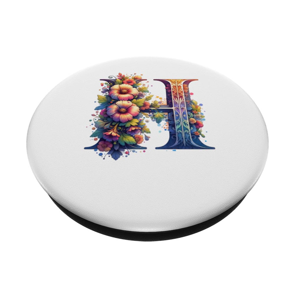 Capital Letter H Flower Alphabet Monogram PopSockets Swappable PopGrip, Black - Image 2