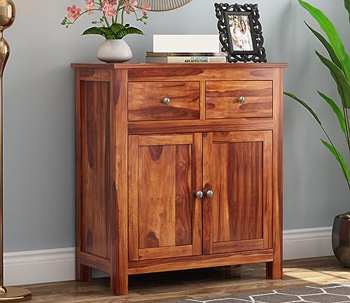 Image of Solid Sheesham Wood Wooden Sideboard Storage Cabinet : Ideal for Living Room and Bedroom with 2 Drawers and 2-Shelf Storage (Clovis, Honey Finish)