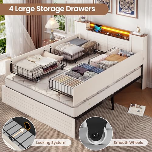 VIAGDO Farmhouse Queen Bed Frame with Headboard and Double Barn Door Storage Cabinets, Rustic Wooden Bed Frame Queen Size with Charging Station, 4 Drawers and LED Lights, No Box Spring Needed, White