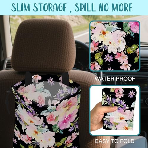 Image of Car Trash Bag Watercolor Pink Flowers Leak-Proof Waterproof Car Garbage Bag with Drawstring Foldable Canvas Trash Bin with Adjustable Buckle for Car Accessories, Travelling, Camping