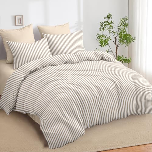 Image of Nayoroom Tan Striped Duvet Cover Queen Size Light Brown Stripe Duvet Cover Dorm Bedding Set 3 Pieces Soft Lightweight Washed Microfiber Farmhouse Bedding Set Gifts for Women Men