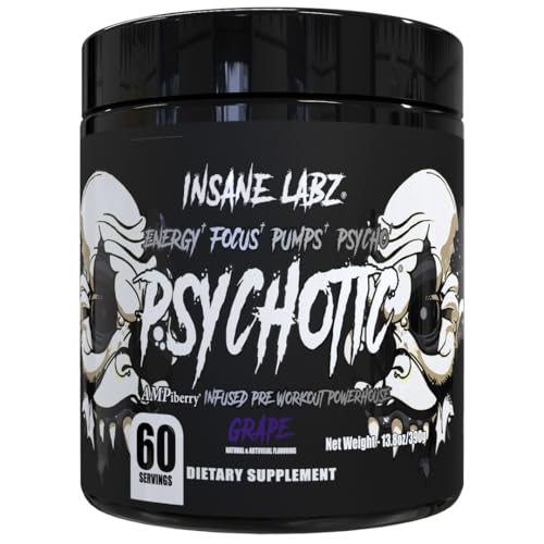 Image of Insane Labz Psychotic Black Edition Mid Stimulant Pre Workout Powder, Energy Focus Pumps, Loaded with Creatine Beta Alanine Taurine Fueled by AMPiberry, 60 Servings (60, Grape)